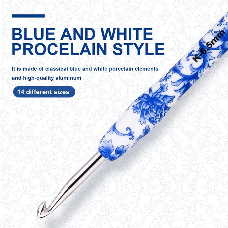 BCMRUN Crochet Hooks Set with Case 14 Size Blue and White Porcelain Pattern for Arthritis Hands, 2.25mm(B)-10mm(N) Crochet Needles for Beginners, Mothers Day Gift, Crochet Lovers (Azure) - Image 3